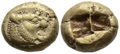 Greek KINGS of LYDIA . Alyattes (circa 610-561 BC). Sardes EL Trite or 1/3 Stater (12,9mm 4,71g) Obv: Head of roaring lion to right, sunburst with six rays on forehead Rev:Two incuse square punches. G