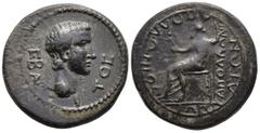 Roman Provincial CARIA. Apollonia Salbace. Caligula (AD 37-41). Apollonios, son of Kokos, magistrate AE Bronze (17,5mm 3,7g) Obv: ϹΕΒΑϹΤΟϹ. Bare head of Caligula, right Rev: ΑΠΟΛΛΩΝΙΑΤΩΝ ΑΠΟΛΛΩΝΙΟϹ ΚΩ