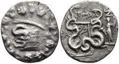 Greek LYDIA. Tralles. (Circa 127 BC) AR Cistophoric Tetradrachm (25mm 11,75g) Obv: Cista mystica with serpent; all within ivy wreath Rev: Bowcase between two coiled serpents, TΡAΛ to left, ΠTOΛ above,