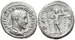 Roman Imperial Maximinus I Thrax (235-238 AD). Rome AR Denarius (19,5mm 3,19g) Obv: IMP MAXIMINVS PIVS AVG. Laureate, draped and cuirassed bust to right Rev: P M TR P P P. Maximinus I standing facing,