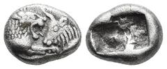 Greek KINGS of LYDIA. Kroisos. (circa 561-546 BC). Sardes AR 1/6 Stater (11,6mm 1,7g) Obv: Confronted foreparts of lion to right and bull to left Rev: Two incuse square punches of unequal size. GRPC L