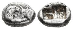 Greek KINGS of LYDIA. Kroisos. (circa 561-546 BC). Sardes AR 1/6 Stater (11,8mm 1,7g) Obv: Confronted foreparts of lion to right and bull to left Rev: Two incuse square punches of unequal size. GRPC L