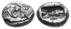Greek KINGS of LYDIA. Kroisos. (circa 561-546 BC). Sardes AR 1/6 Stater (11,4mm 1,7g) Obv: Confronted foreparts of lion to right and bull to left Rev: Two incuse square punches of unequal size. GRPC L