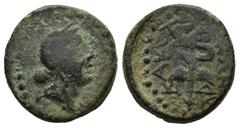 Greek LYDIA. Kaystrianoi. (2nd-1st centuries BC) AE Bronze (15,7mm 3,52g) Obv: Laureate head of Apollo right Rev: ΚΑΥCΤΡΙΑΝΩΝ. Winged kerykeion ; ΔK monogram in lower right Paris 212; SNG Munich 200; 