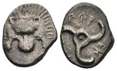 Greek DYNASTS OF LYCIA. Perikles. (circa 380-360 BC) AR 1/3 Stater (15,2mm 2,7g) Obv: Facing lion's scalp. Rev: Triskeles; legend around; all within shallow incuse circle Müseler VIII, 47-51; SNG Cope