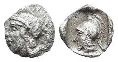 Greek LYCIA. Uncertain (Xanthos?). (Circa 4th century BC) AR Hemiobol (7,4mm 0,27g) Obv: Helmeted head of Athena left. Rev: Helmeted head of Athena left. Müseler -; SNG von Aulock -; Falghera -; Visma