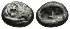 Greek KINGS of LYDIA. Kroisos. (Circa 564/53-550/39 BC). Sardes AR Third Stater (13,4mm 2,7g) Obv: Confronted foreparts of lion and bull Rev: Two irregular incuse squares. GRPC Lydia S5; SNG Keckman 3