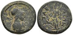 Roman Provincial LYDIA. Tabala. Pseudo-autonomous issue, (1st-2nd century AD) AE Bronze (17,3mm 4g) Obv: Helmeted bust of Athena right, wearing aegis;with spear over shoulder Rev: TABAΛEΩN. Tyche stan