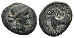 Greek LYDIA. Thyateira. (2nd Century BC) AE Bronze (14,1mm 3,1g) Obv: Laureate head of Apollo right Rev: ΘYATEIΡHNΩN. Labrys (double axe); bow in left field. SNG Cop 570; Winterthur 3958; SNG Munich 5