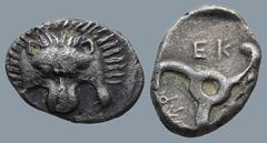 Greek DYNASTS OF LYCIA. Perikles. (Circa 380-360 BC) AR 1/3 Stater (12,9mm 2,4g) Obv: Facing lion's scalp. Rev: Triskeles; legend around; all within shallow incuse circle Müseler VIII, 47-51; SNG Cope