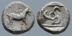 Greek DYNASTS OF LYCIA. Kuprilli (Circa 470-440 BC). AR Tetrobol(13,4mm 3,3g) Obv: Goat standing right. Rev: Triskeles within incuse square. Asiaminor.com Coin ID #2539 (goat above shield, reverse leg