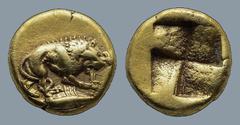 Greek MYSIA. Kyzikos. (Circa 450-330 BC) EL Myshemihekte - 1/24 Stater (7,2mm 0,63g) Obv: Lion standing right, biting into sword (or harpa?), on tunny right Rev: Quadripartite incuse square. Cf. Von F