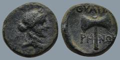 Greek LYDIA. Thyateira. (2nd Century BC) AE Bronze (14,9mm 3,5g) Obv: Laureate head of Apollo right Rev: ΘYATEIΡHNΩN. Labrys (double axe); bow in left field. SNG Cop 570; Winterthur 3958; SNG Munich 5