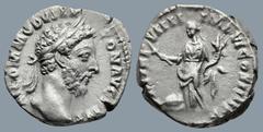 Roman Imperial Commodus (AD 177-192). Rome AR Denarius (16,9mm 3g) Obv: M COMMODVS ANTON AVG PIVS. Laureate head of Commodus to right. Rev: P M TR P VIIII IMP VI COS IIII P P. Pax standing left, holdi