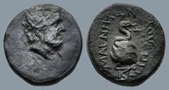 Greek LYDIA. Magnesia ad Sipylum. (circa 200-100 BC) AE Bronze (15mm 3,3g) Obv:. Laureate head of Zeus right Rev: MAΓNHTΩN ΣIΠYΛOY. Serpent coiled around omphalos, monogram below. Mionnet IV, 361; Par