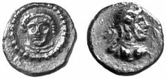 GRIECHISCHE MüNZEN Cilicia Tarsos unter persischen Satrapen No.: 298 Schätzpreis-Estimation: CHF 150.- Pharnabazos / Datames. 1/3 Obol (?), 4. Jh. Frontales weibliches Haupt. Rv. Weibliche Büste mit D