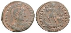 Roman Imperial Roman Imperial Coins THEODOSIUS I (379-395). Ae. Heraclea. 4,4 g. 23,7 mm. Obv: D N THEODOSIVS P F AVG. Pearl-diademed, helmeted, draped and cuirassed bust right, holding spear and shie