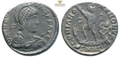 Roman Imperial Coins Theodosius I. AD 379-395. Æ . Antioch mint, 2nd officina. Struck AD 379-383. Rosette-diademed, helmeted, draped, and cuirassed bust right, holding spear and shield / Theodosius st