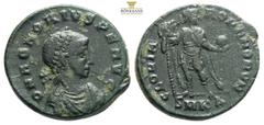 Roman Imperial Coins Honorius. AD 393-423. Æ Nicomedia mint, 3rd officina. Struck AD 393-395. Pearl-diademed, draped, and cuirassed bust right / Honorius standing facing, head right, holding labarum a