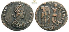 Roman Imperial Coins Honorius. AD 393-423. Æ Heraclea mint, 1st officina. Struck AD 395-401. Pearl-diademed, draped, and cuirassed bust right / Honorius standing left, head right, holding spear and ro