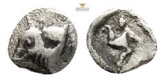 Greek LYCIA. Limyra. Obol (Circa 440-430 BC). 0,24 g. 5,9 mm. Obv: Head of cow left. Rev: Triskeles and lycian legend within incuse square
