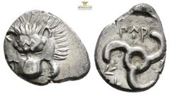 Greek Dynasts of Lycia. Perikles 380-360 BC. 1/3 Stater AR, 17,3 mm., 2,6 g. Facing lion\\\'s scalp / Triskeles. Falghera 217; SNG Copenhagen -; SNG von Aulock 4254-6.
