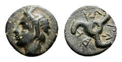 Greek DYNASTS OF LYCIA. Perikles, circa 380-360 BC. Chalkous (Bronze, 11.8 mm, 1.5 g.). Horned head of Pan to left. Rev. P..-PE-KΛ Lycian triskeles to left. Falghera 219-23. Müseler VIII, 52-5. SNG vo