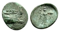 Greek Lycia, Phaselis Bronze circa 221/0-190, Æ 19 mm. 3,9 g. Prow of galley r. Rev. Athena standing r., wielding thunderbolt and aegis; monogram to lower r. SNG Copenhagen -. SNG von Aulock -. Cf. CN