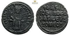 Byzantine Basil I, The Macedonian. 867-886. AE follis (27.3 mm, 6,1 g, ). Constantinople mint. + bASILIO-S bASILЄVS (6-pointed star), basil enthroned facing, wearing crown and loros, and holding labar