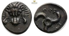 Greek Dynasts of Lycia. Perikles 380-360 BC. 1/3 Stater AR, 15,1 mm., 2,9 g. Facing lion\\\\\\\'s scalp / Triskeles. Falghera 217; SNG Copenhagen -; SNG von Aulock 4254-6.
