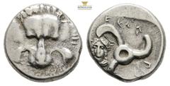 Greek "Dynasts of Lycia. Perikles (c. 380-360 BC). AR 1/3 Stater (15 mm. 3 g.) uncertain mint. Obv. Facing lion's scalp. Rev. 'Perikles' in Lycian; triskeles; to left, laureate and draped facing bust 