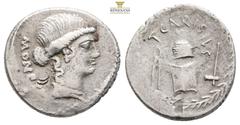 Republic Roman Republican Coins T. CARISIUS. Denarius (46 BC). Rome. 3,99 g. Obv: MONETA. Head of Juno Moneta right. Rev: T CARISIVS. Implements for coining money: anvil die with punch die above, tong