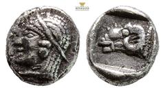 Greek Troas, Kebren AR Triobol. 5th C. BC. (1.05g, 8.9mm 9h.)Head of Apollo l. / Head of ram l. in incuse square. SNG vA 1546; SNG Ashmolean 1086