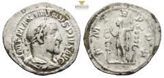 Roman Imperial Maximinus Thrax. AR Denarius. AD 235-238. (3.04g, 16.3mm) IMP MAXIMINVS PIVS AVG. Laureate, draped and cuirassed bust right. P M TR P P P. Maximinus standing left, raising hand and hold