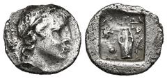 GREEK Greek Coins LYCIA. Lycian League. Kragos. 1/4 Drachm (Circa 48-27 BC). Obv: Head of Artemis right, with bow and quiver over shoulder. Rev Quiver; filleted palm frond to left; all within incuse s