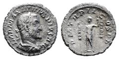 ROMAN IMPERIAL MAXIMINUS THRAX (235-238). Denarius. Rome. Obv: IMP MAXIMINVS PIVS AVG. Laureate, draped and cuirassed bust right. Rev: P M TR P P P. Maximinus standing left, raising hand and holding s