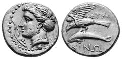 GREEK COINS PAPHLAGONIA. Sinope. Siglos or Drachm (Circa 330-300 BC). Erony–, magistrate. Obv: Head of nymph left, with hair in sakkos. Rev: EPΩ / ΣINΩ. Sea-eagle standing left, with wings spread, on 