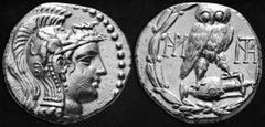 GREEK COINS ATTICA. Athens. Ca. 165-42 BC. AR tetradrachm (16,54 g - 27,73 mm) New Style coinage, Roman occupation under Sulla. 86-84 BC. Heead of Athena right wearing triple-crested Attic helmet orna