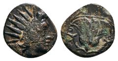 Greek Coins ISLANDS off CARICA. Rhodos. Rhodes. (Circa 166-88 BC).AE Obv: Radiate head of Helios right Rev: P-O, rose with bud to right. 1,10 g - 11,89 mm