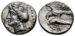 Greek Coins PAPHLAGONIA. Sinope. Drachm (Circa 330-300 BC). Der-, magistrate. Obv: Head of nymph left, with hair in sakkos; aphlaston to left. Rev: ΔEP / ΣINΩ. Sea-eagle standing left, with wings spre