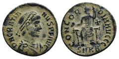 Roman Imperial Coins GRATIAN (367-383). Follis. Kyzikos. Obv: DN GRATIANVS PF AVG. Diademed, draped and cuirassed bust right. Rev: CONCORDIA AVGGG / (cross) / SMKB. Helmeted Roma, seated facing, head 