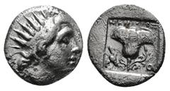 Greek Coins ISLANDS OFF CARIA. Rhodos. Rhodes. (Circa 170-150 BC) AR Hemidrachm Obv: Radiate head of Helios facing, head turned slightly to right. Rev. P - O. Rose with bud. all within incuse square. 