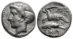Greek Coins PAPHLAGONIA. Sinope. Drachm (Circa 330-300 BC). Obv: Head of nymph left, with hair in sakkos. Rev: EPA/HP / ΣINΩ. Sea-eagle standing left, with wings spread, on dolphin left. 6,00 g - 18,6