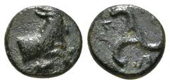 Greek Coins DYNASTS OF LYCIA. Perikles (Circa 380-360 BC). Ae. Obv: Forepart of a goat right; below, club(?). Rev: Triskeles; dynast's name in Lycian around. 1,20 g