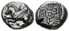 Greek Coins DYNASTS of LYCIA. Uncertain. Circa 460-440 BC. AR Stater Pegasos flying left on round shield; monogram below Rev. Triskeles in incuse circle. 8,91 g - 19,01 mm