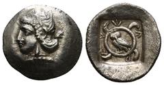 Greek Coins DYNASTS of LYCIA. Kheriga. Circa 440-410 BC. AR Twelfth Stater. Wehñte (Phellos) mint. Head of Aphrodite left / Owl standing left, head facing, in the center of a tetraskeles; x-e-r-ig (in
