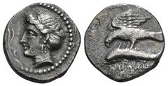 Greek Coins PAPHLAGONIA. Sinope. Ariarathes I of Cappadocia, (Circa 325 BC). AR Drachm Persic standard. Obv: Head of the nymph Sinope to left, her hair bound in a sakkos, wearing triple-pendant earrin