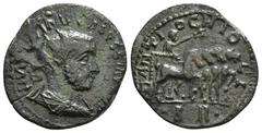 Roman Provincial Coins PISIDIA. Antioch. Volusian (251-253). Ae. Obv: IMP C VIMP CALVSSIAVD AV. Radiate, draped and cuirassed bust right. Rev: ANTIOCHIO CLA / S R. Volusian, holding eagle-tipped scept