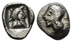 Greek Coins Dynasts of Lycia, Ddenevele AR Tetartemorion. Circa 420-400 BC. Head of the Satrap right, wearing Persian tiara / Helmeted head of Athena left 0,26 g Harshly cleaned / polished