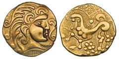 CELTS IN GAUL. The Parisii. 2nd Century BC. Gold stater (7.23 gm). Class II. Head of Apollo with flowing locks to right; before, double volute / Horse galloping to left; above, ornate wing; below, ros